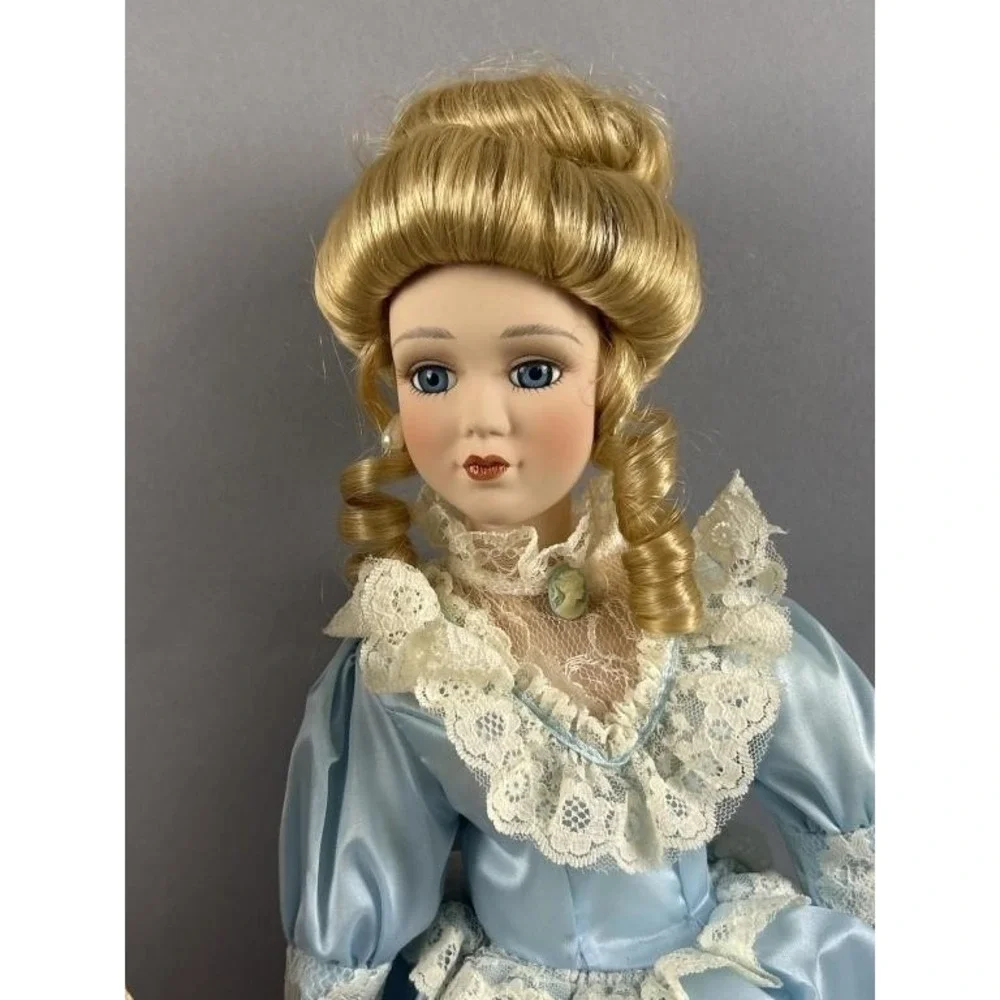 Vintage Camelot 16in Porcelain Doll Blonde Blue Satin Victorian Dress 1990s